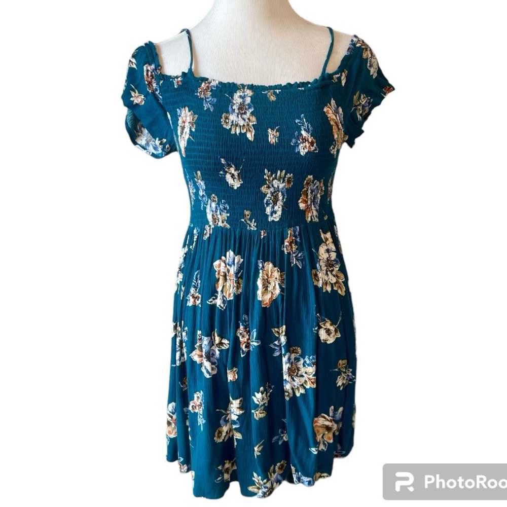 DARK TEAL FLORAL SMOCKED OFF SHOULDER DRESS